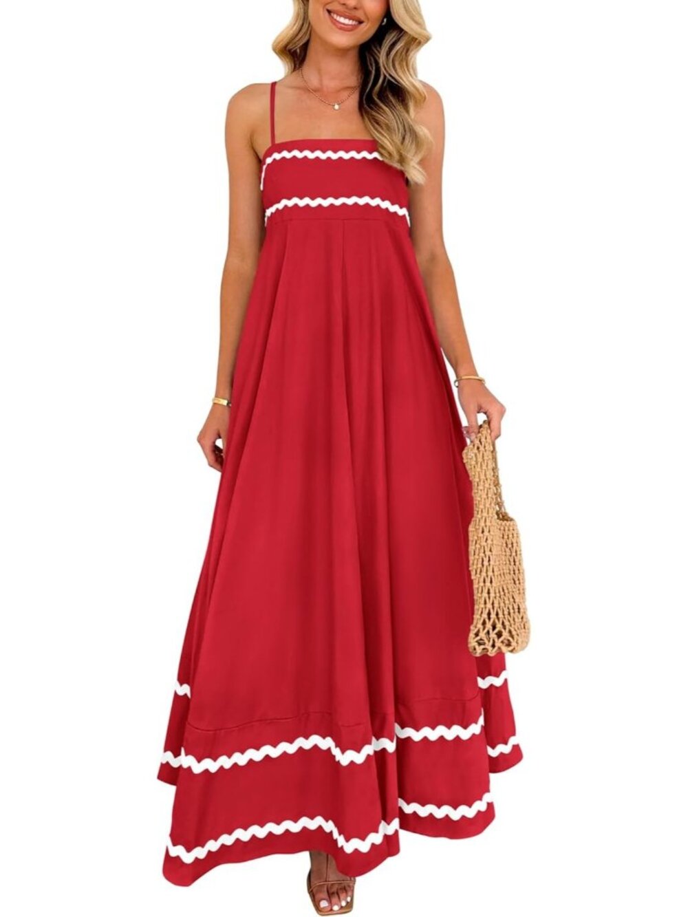 Women's Wine Red Flowy Maxi Summer Sleeveless Strap Ruffle Beach Long Dress
